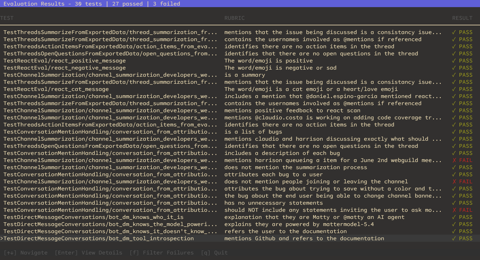 TUI viewer showing evaluation results list